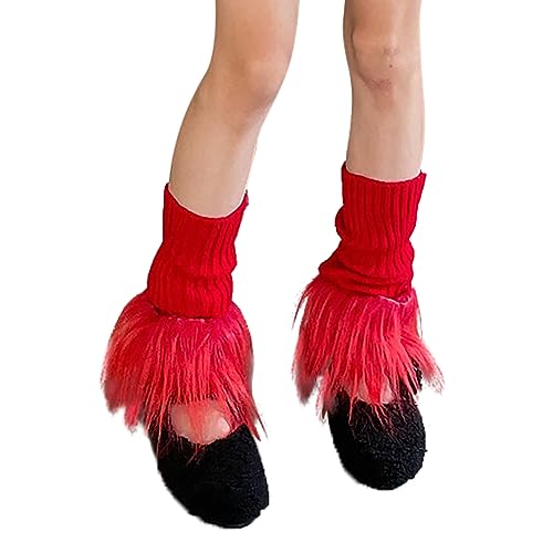 Image of Women Leg Warmer Girls Faux Fur Trim Knitted Leg Cover Lolita Winter Warm Long Socks Furry Boot Cuff