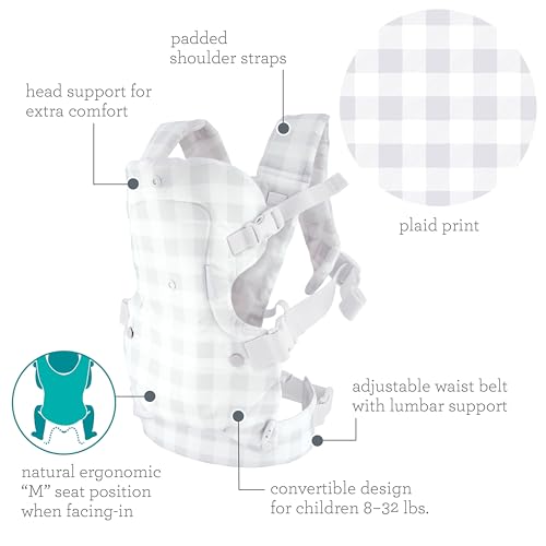 Image of Infantino Flip 4-in-1 Convertible Carrier with Adjustable Ergonomic seat, Head Support, Shoulder Straps, and Waist Belt, 4 Ways to Carry, Can Carry (3.6-14.5 Kgs), Plaid