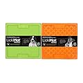 LickiMat Slow Feeder for Dogs, Boredom & Anxiety Reducer; for Food, Treats, Yogurt, or Peanut Butter. Fun Alternative to a Slow Feed Dog Bowl, 2-Pack Classic Dog Buddy & Soother, Green & Orange.