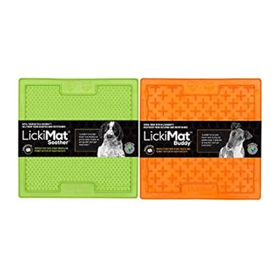 LickiMat Slow Feeder for Dogs, Boredom & Anxiety Reducer; for Food, Treats, Yogurt, or Peanut Butter. Fun Alternative to a Slow Feed Dog Bowl, 2-Pack Classic Dog Buddy & Soother, Green & Orange.