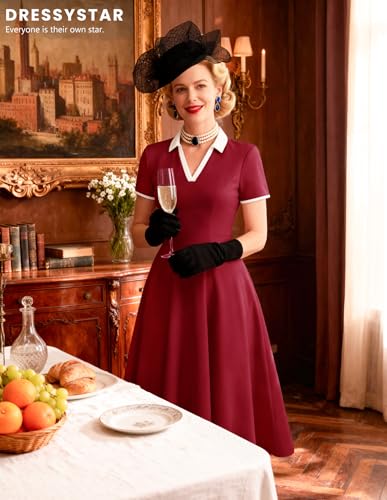 Image of Dressystar Women's 1950s Vintage Swing Dress Short Sleeve V Neck A Line Retro Rockabilly Cocktail Party Dresses With Pockets