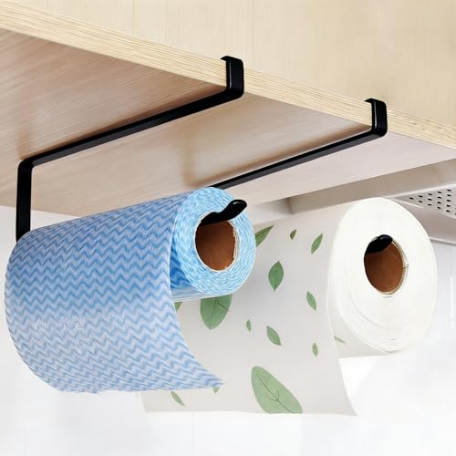 JJQHYC 2 Pack Kitchen Roll Holder Under Cabinet, No Drilling Paper Towel Holder, Black