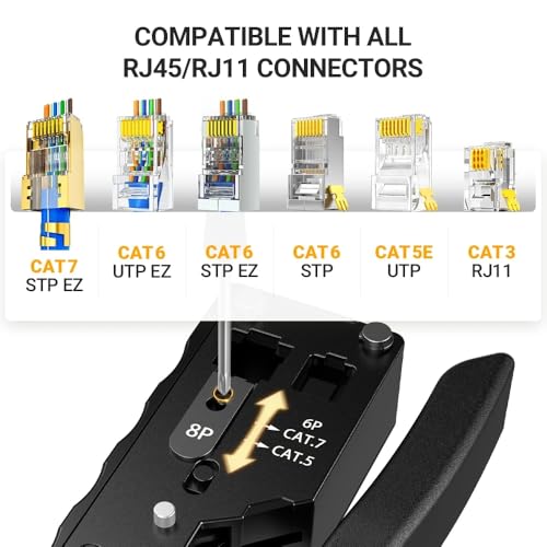 Image of SmartTech Crimping Tool Cat7 / Cat5 Crimper Pass Through RJ45 Connectors Cat5 Cat5e Cat6 Cat6A Cat 7 and RJ11 RJ12 STP /UTP Telephone connectors Stripper for Ethernet Network LAN Cable