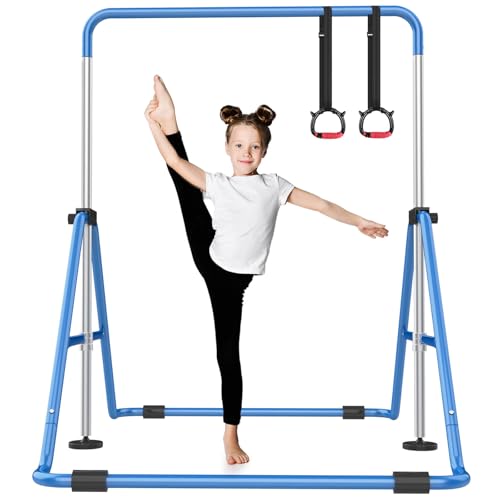 Nimsqury Foldable Gymnastics Bar, 5-Height Adjustable Gymnastic Bars for Kids at Home,Robust & Stable for Indoor/Outdoor Using,Weight Limit 140LBS (Blue)