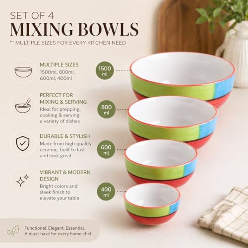 Image of Ceramic Mixing Bowl Set - 4 Pieces (1500ml, 800ml, 600ml, 400ml), Red Multi - Durable, Microwave & Dishwasher Safe - Ideal for Mixing, Serving & Storage