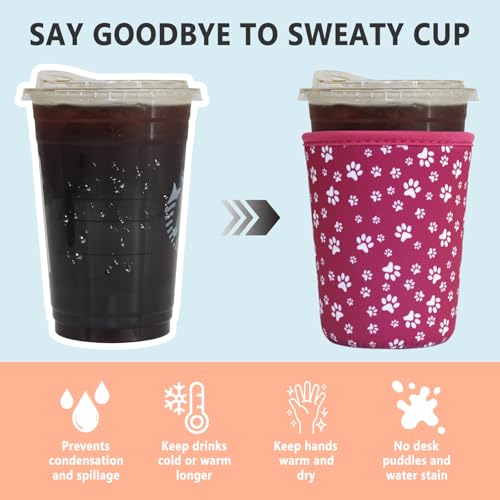 Image of 3 Pack Reusable Iced Coffee Sleeves - Xumbtvs Insulator Sleeve for Cold Beverages, Neoprene Coffee Cup Holder (Pink paw)