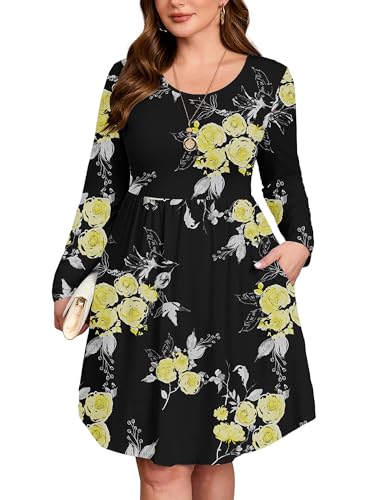Image of AusLook Women's Plus Size Long Sleeve Midi Dress Casual Empire Waist Loose Flowy Dresses A-Line Boho Long Dress with Pockets