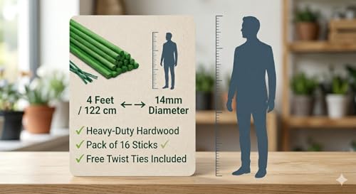 Image of BLOOMAX 4ft Hardwood Plant Support Sticks Pack of 16 | Heavy-Duty Garden Stakes for Climbing Plants, Creepers & Vegetables | 14mm Diameter Natural Wood with Free Twist Ties