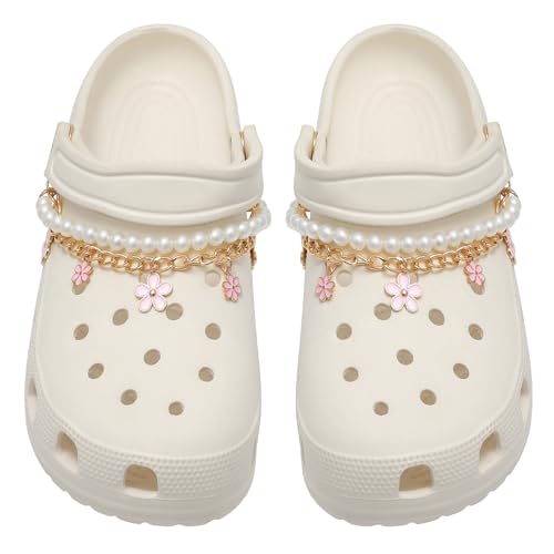 Eooberr 2Pcs Pink Bling Flower Shoe Chains for Girls Summer Sandals Pearl Charms Accessories DIY Shoe Decoration Charms Party Favor