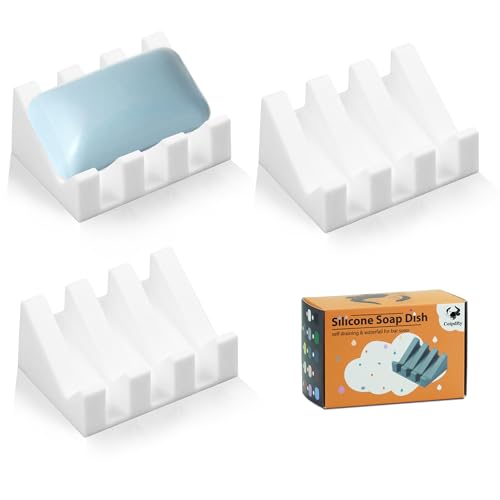 Coipdfty Self Draining Soap Dish Holder,Silicone Soap Dish,for Bathroom,Kitchen, Sponges，Can Extend Soap Life，Keep Soap Bars Dry and Easy Cleaning (N-White,3-Pack)