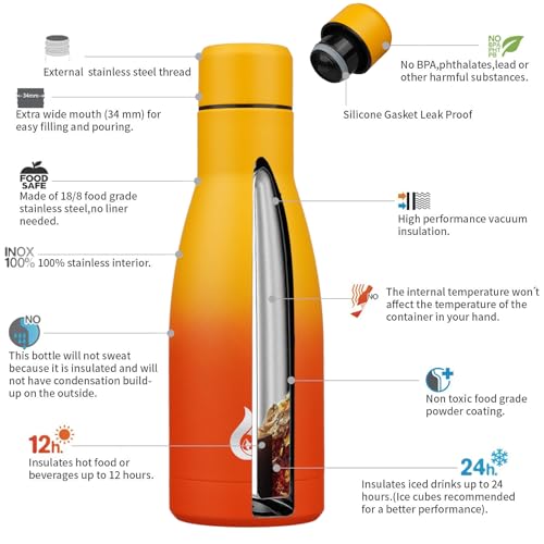 Image of BJPKPK Insulated Water Bottle 12oz Samll Stainless Steel Water Bottles Reusable Metal Thermal Keep Cold and Hot,Sunset Orange