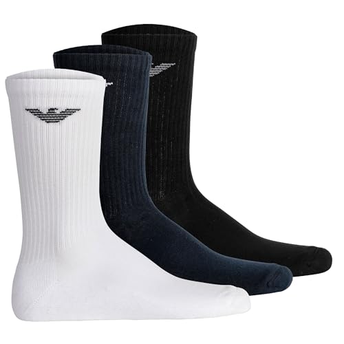 Emporio Armani Lot de 3 paires de chaussettes courtes décontractées en coton pour homme, multicolore, taille unique, Blanc/noir/bleu marin, Taille unique