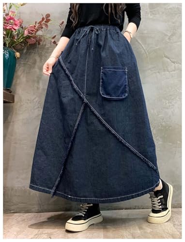 MLAFE Womens Denim A-Line Long Midi Skirt One Size Elastic Waist Spliced Denim Bustier Skirt Lace-Up Loose Casual Denim Skirt3