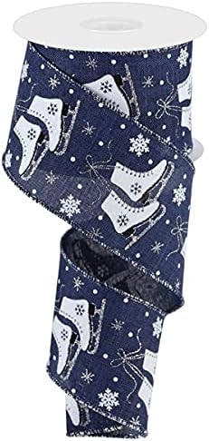 Ice Skates on Canvas Wired Edge Ribbon - 10 Yards (Navy, 2.5 Inch)