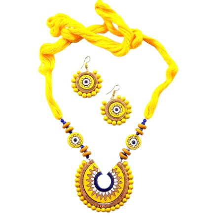 AKIBUKI Indian Traditional Multicolour Terracotta Necklace and Earring Jewellery Set for Women (YELLOW) (B0B8N45RP4) Amazon Price History, Amazon Price Tracker