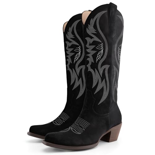Image of KaroNairy Women Cowboy Boots Faux Suede Embroidered Pointed Thick Heeled Western Wide Calf Cowgirl Ponited Toe Mid Calf Boots