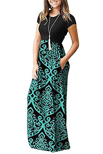 Image of MISFAY Women's Short Sleeve Maxi Dresses Long Casual Dresses with Pockets | Empire Elastic Waist, Crew Neck, Floor Length, Strentchy Flowy A Line Fit, Loose Plain Summer Outfits, Vacation Wear