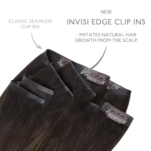Image of WENNALIFE Invisi Edge Clip in Hair Extensions Real Human Hair, 12 Inch 80g 7pcs Balayage Dark Brown Mixed Chestnut Brown Hair Extensions for Women Invisible Straight Injection Extensions