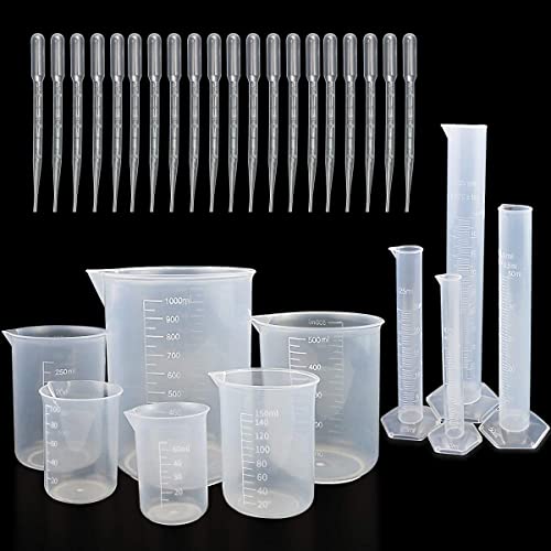 Image of 4 PCS Plastic Graduated Cylinders 10ml /25ml /50ml /100ml and 6 PCS Beakers 50ml /100ml /150ml /250ml /500ml /1000ml for DIY and Laboratory Measuring with 20 Droppers in 3 ml