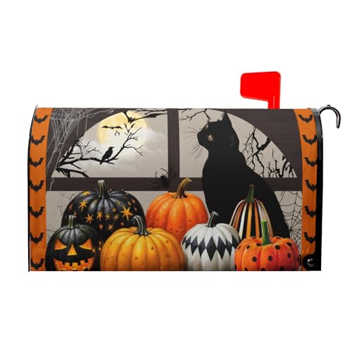 Image of Black Cat Halloween Mailbox Covers Magnetic Standard Size 21 inchx18 inch Fall Halloween Pumpkins Magnetic Mailbox Covers Halloween Mailbox Decorations Letter Post Box Cover Wrap Garden Yard Outdoor Decor
