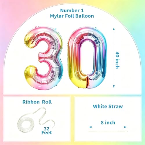Image of Rainbow Number Balloons Birthday Balloons - Giant Number 30 Balloon 40 inch, Numbers Balloon Birthday Decorations, Rainbow Party Supplies for Baby Shower