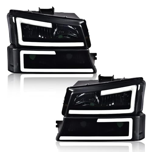 PIT66 LED DRL Headlight Assembly Compatible with Chevy Silverado 1500 2500 3500 HD Model 2003-2006 Fit Avalanche 1500 2500(Fit No Cladding only) Headlamps Smoky Lens Black Housing Clear Reflector