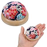 Pin Cushion Pin Cushions for Sewing Wooden Base Needle Pincushions Japanese Style Round Pin Cushion Fit Sewing Needles Holders or DIY Crafts Women Cute Navy Blue with Cherry Blossom
