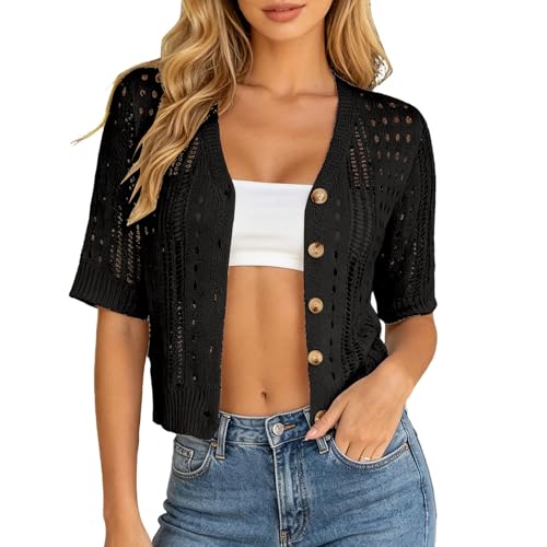 Gilet léger en maille ajourée pour femme avec manches courtes idéal en été