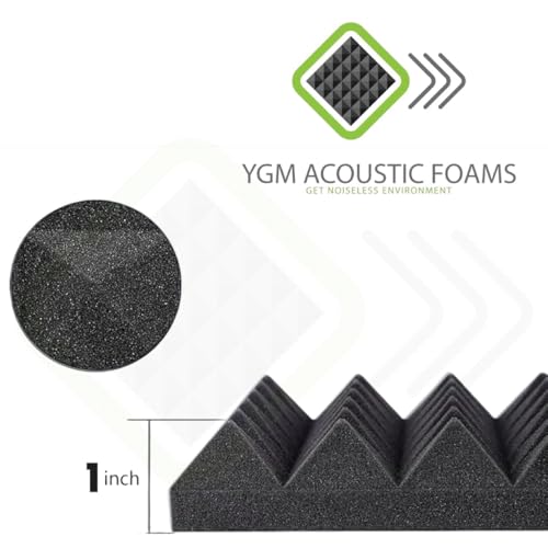 Image of YGM Acoustic Foams Pyramid Acoustic Panels 1 Foot x 1 Foot x 1 inch Thick | 50 Density Acoustical Sound Proof Foam for Room & Studio | Echo Reduction & Noise Absorption (Charcoal Black, Set of 18)