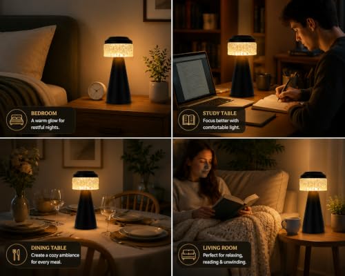 Image of One94Store Table Lamp Type-C Charging 1500mAh Battery,3 Color Dimmable Touch Control Lamp,Lamps for Home Decor and Bedroom, Living Room, Restaurant,Outdoor Use (Diamond Mesh - Black)