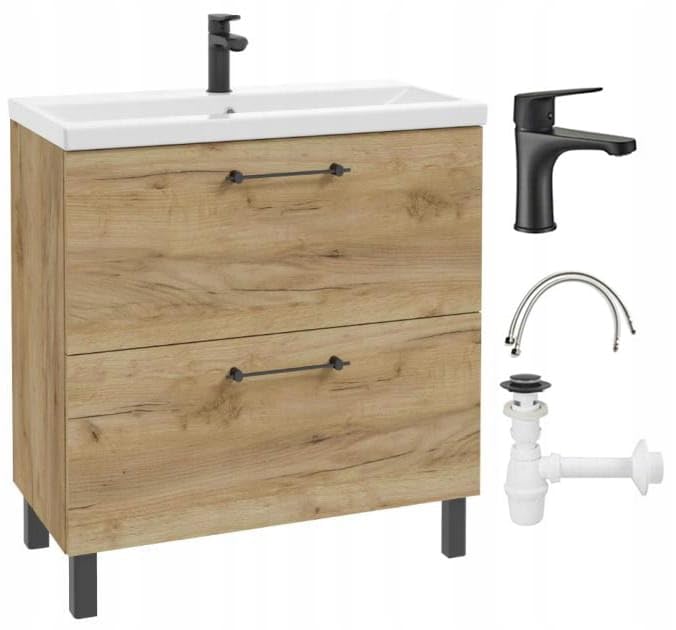 .Deftrans Waschbeckenunterschrank 80x80 cm mit waschbecken – Badezimmer Unterschrank Eiche Craft, stehend mit 2 Schubladen Soft-Close, Badmöbel mit Waschtischarmatur