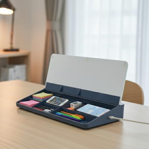 Image of ALKOSIGN Desktop Whiteboard (BLUE) + (1 Marker and 1 Duster) Compartment Stationery Storage with Notepad, Multi-Function Storage Box, Desk Organizer, Glass Writing board Cover