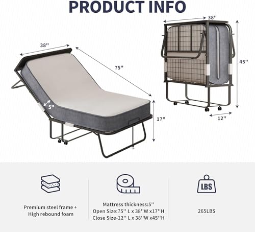 ijuicy Folding Bed,75\" x 38\" Rollaway Bed with 5\" Upgraded Thickness Mattress for Adults,High Rebound Foam Filling,Folding Bed with Storage Cover,Steel Frame w/4 Movable and Lockable Wheels,Headboard