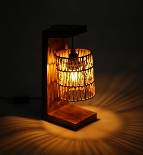 Image of Ikari Homes Vintage Table Lamp I Indonesian Rattan Cane with Braided Wire I Boho Table lamp for Bedroom /Living Room /Office Desk /Restaurants - (Zig Zag Raffia)