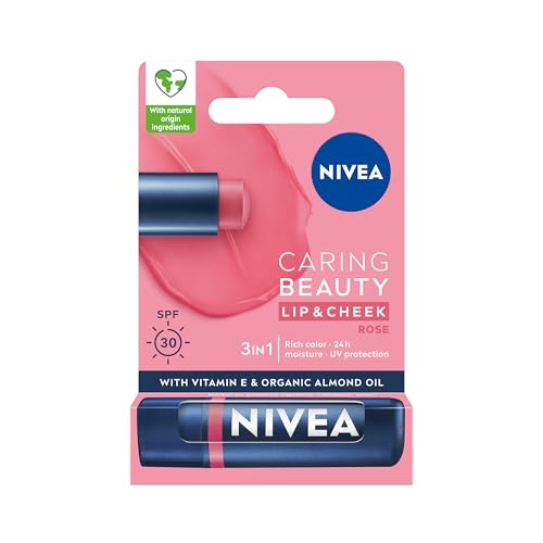 NIVEA Caring Beauty Rose Nude Lip Balm SPF30 (4.8g) 3-in-1 Buttery Lip and Cheek Tint Rich Colour and 24H Moisturisation with SPF 30 Protection