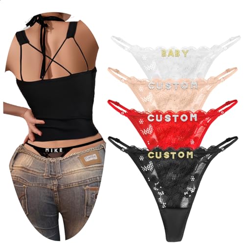 2-Pack Hand-sewn Personalized Thongs with Names on It, Custom Name Underwear Panties for Women Couples S to Plus Size