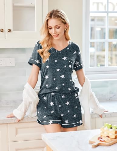 Image of Ekouaer Pajamas Set for Women 2 Piece Sleepwear Short Sleeve Top and Shorts Soft V Neck Pjs Lounge Set with Pockets,Grey Stars,Small