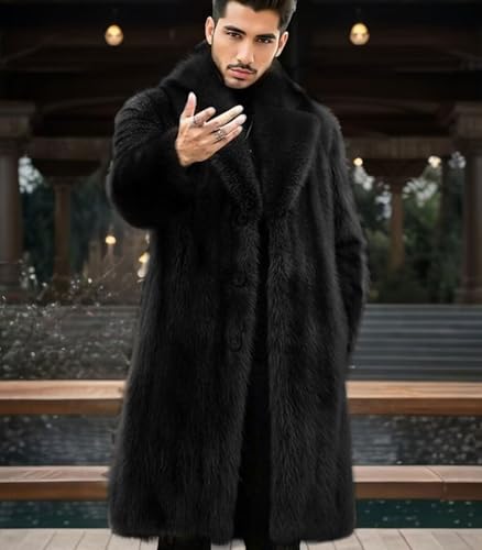 Image of FTIMILD Men's Long Faux Fur Coat Single Breasted Warm Winter Trench Coat Fluffy Thick Overcoat