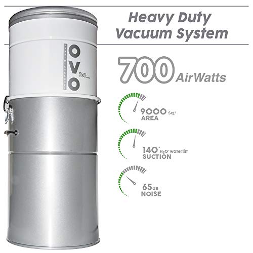 OVO PAK70CD-35 Vacuum System-Heavy Duty Central Vac with Hybrid Filtration-35L or 9.25Gal-700 Airwatts Power Unit, 35ft Switch Control Carpet Deluxe Attachment Accessory Kit, Silver