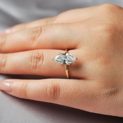 Marquise Engagement Ring for Women, 9ct 18K Gold Plated Solitaire Promise Ring with Cubic Zirconia in Sterling Silver4
