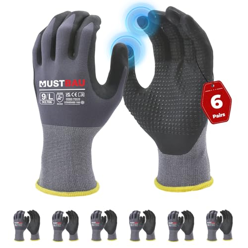 Mustbau Arbeitshandschuhe Schwarz mit Touchscreen, Arbeitshandschuhe Herren mit Nitril Beschichtung für Montagearbeit，Mechaniker, Gartenarbeit und Bauarbeiten, Gr. L, 6 Paare