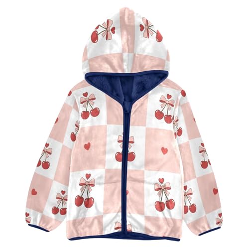 Cherry Bow on Pink Background Toddler Fleece Jacket Girl Boys Hooded Fleece Jacket Coat Warm Outwear Zip-up 3-10T