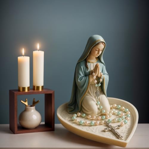 Virgin Mary Jesus Rosary Holder, Sacred Catholic Sculpture Religious Blessed Statue, Elegant Our Lady Prayer Resin Jewelry Box for Necklace Rings, Gift for Women Home Office Desktop Decor (A)