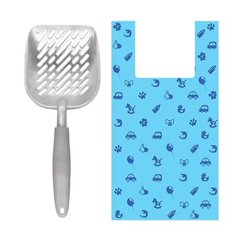 SunGrow Cat Litter Scoop and Bag Combo, Stainless Steel Deep Shovel, 60 Plastic Poop Bags with Easy-Tie Handles, Ideal for Felines & Dogs, 1 Set Per Pack