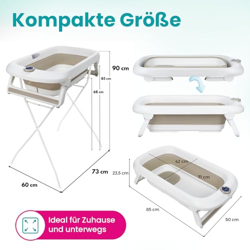 Primabobo Zestaw Kąpielowy LUX: Wanienka Składana z Termometrem Elektronicznym, Fotelikiem do Kąpieli i Stojakiem, Kompletna Wyprawka dla Niemowląt, Beżowa