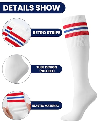 Shihanee 4 Pairs Striped Tube Socks for Men School Cotton Athletic Triple Stripe Knee High Sock Size 10-133