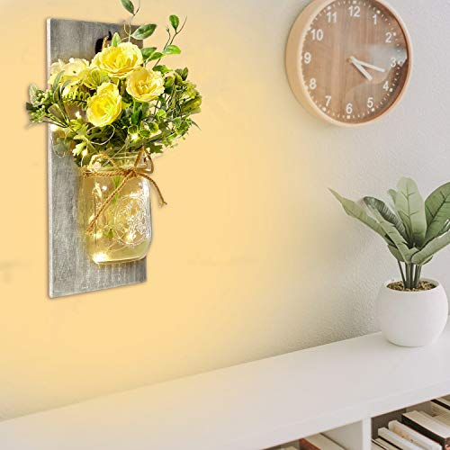 Image of Wall Decor Mason Jar Sconces - Rustic Farmhouse Home Decor with Remote Control Wall Lights and Yellow Rose for Bedroom Wall Decor Living Room Kitchen Decorations Set of Two