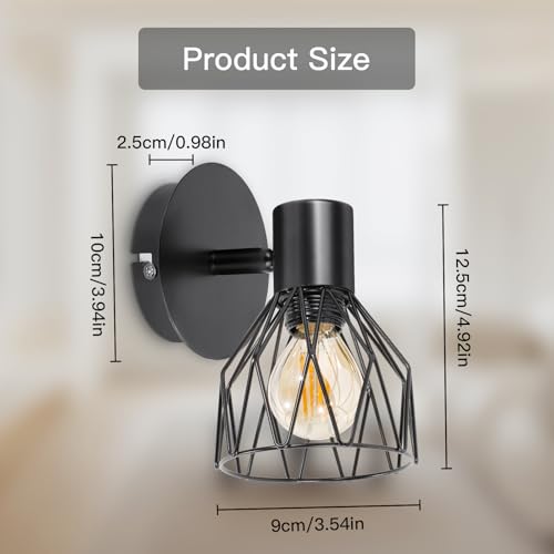 Wall Lights Industrial with E14 Socket Adjustable Wire Cage Wall Light Shade Black Metal Sconce Wall Lamp for Indoor Home Living Room Bedroom Hallway Shop 2 Packs - Image 5
