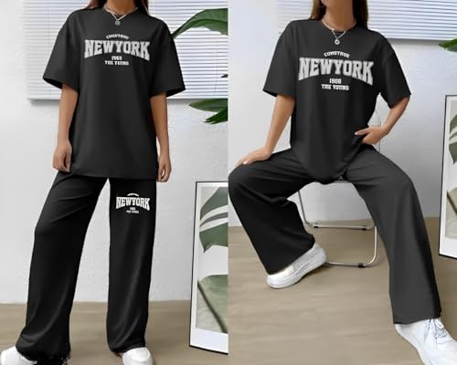 Image of My Swag Women's New York Graphic Loungewear Set, Cotton Short Sleeve T-Shirt and Pants