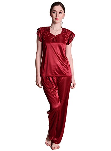 Image of Women's Soft & Smooth Satin Solid Nightwear Payjama Tikkle Night Suit Set